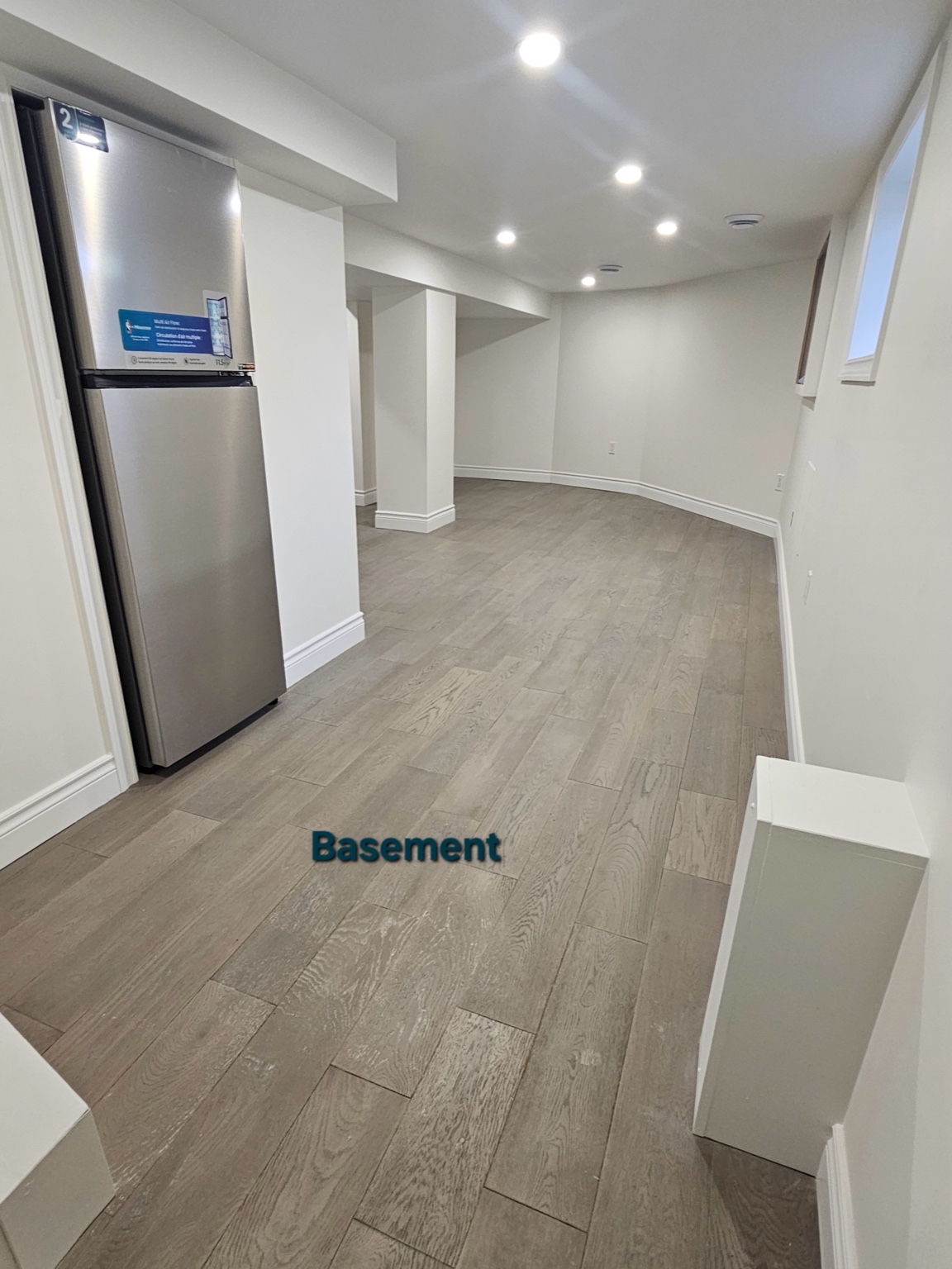 Finished basement with new flooring, walls, and lighting.